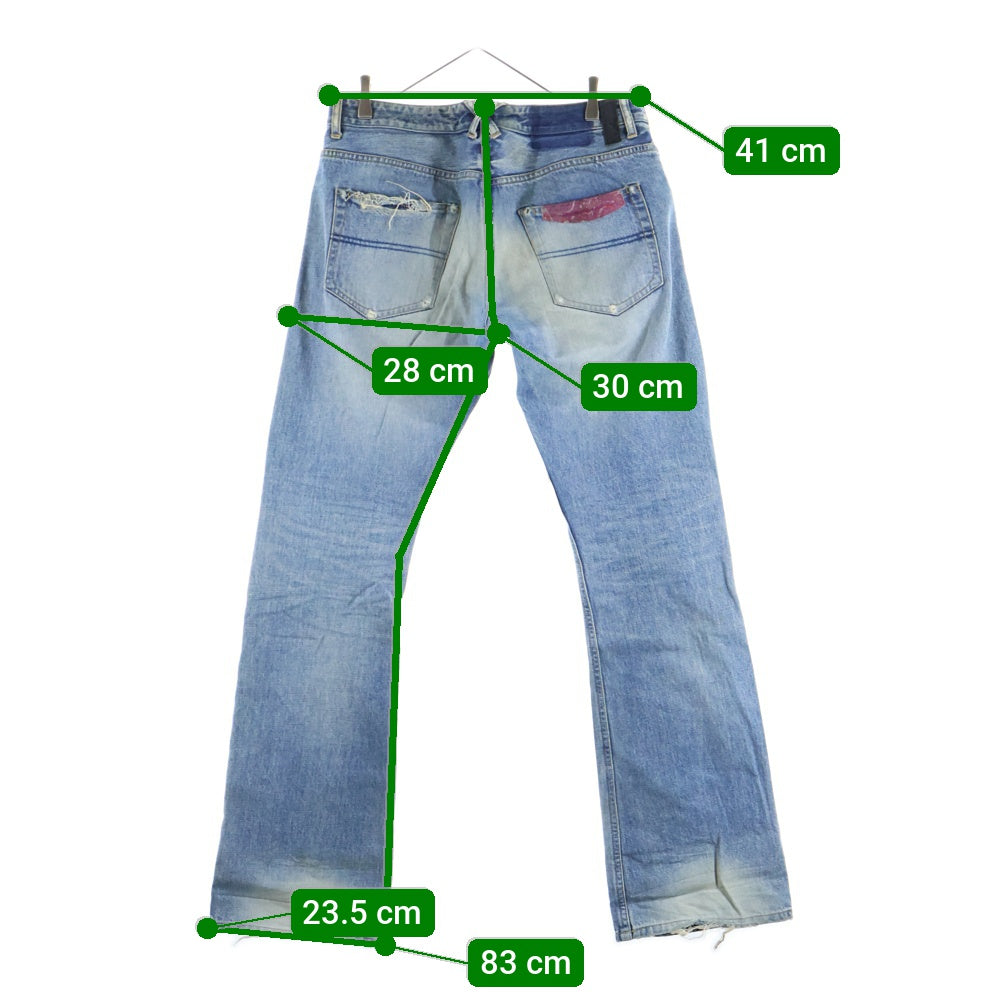 ISAMU KATAYAMA BACKLASH(イサムカタヤマバックラッシュ) ペイズリーレザーパッチワーク ダメージ加工 デニム フレアパンツ インディゴ 1348-03