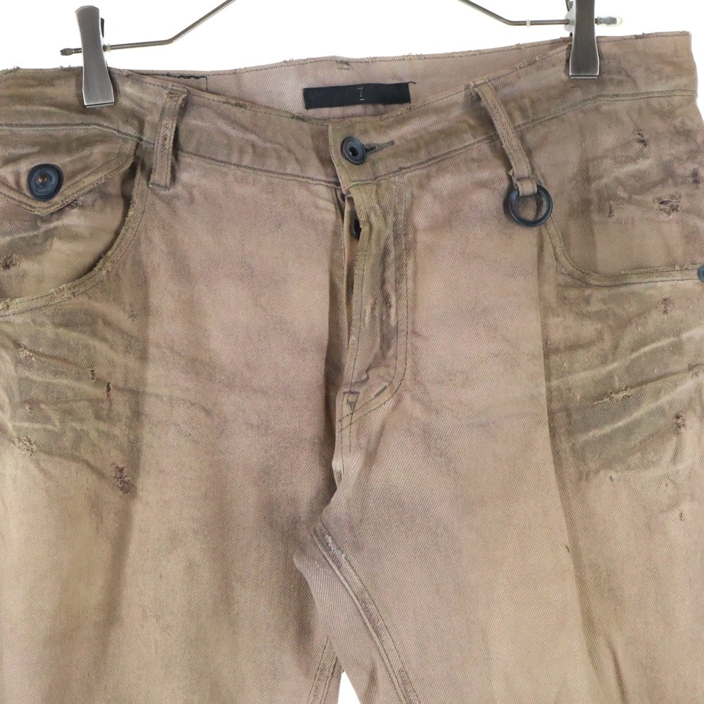 JULIUS(ユリウス) ダメージ加工 ボタンフライ コットン ストレートデニムパンツ ピンク