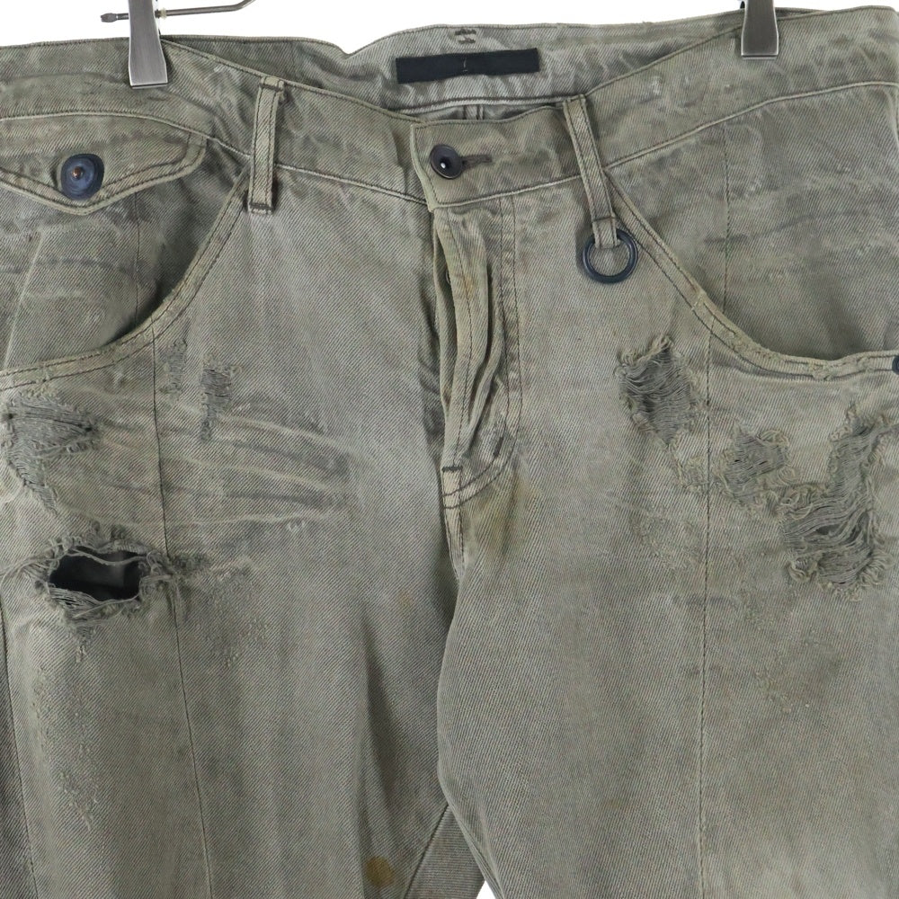 JULIUS(ユリウス) ダメージ加工 ボタンフライ 変形 コットン デニムパンツ カーキ