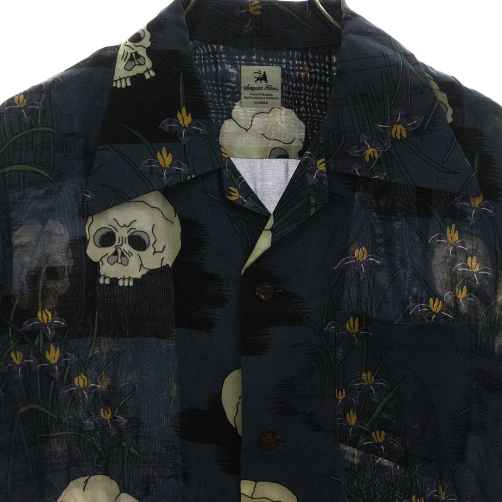Sasquatchfabrix.(サスクワッチファブリックス) 11SS どくろ スカル レーヨン オープンカラー アロハシャツ 半袖シャツ ネイビー 11SS-SY5-001