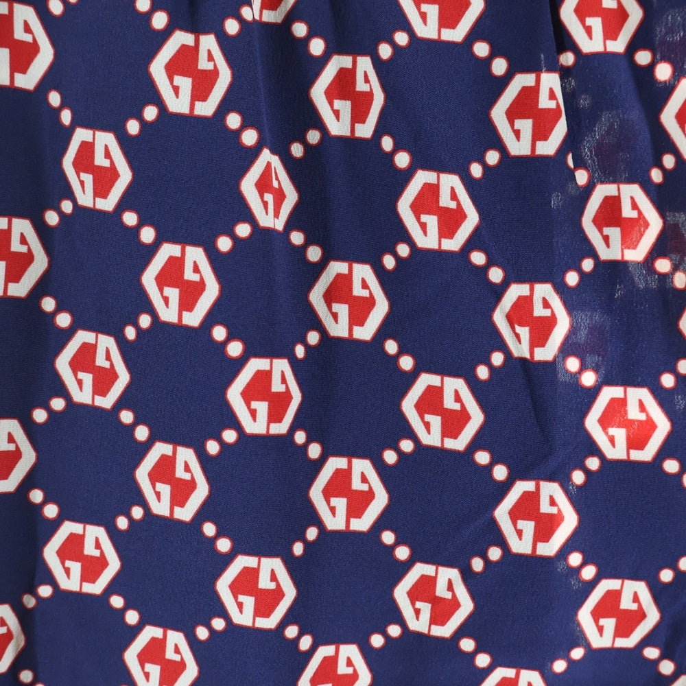 GUCCI(グッチ) GGヘキサゴン 総柄 シルク ハーフパンツ ショートパンツ ショーツ ネイビー/レッド 654859 ZAF9W