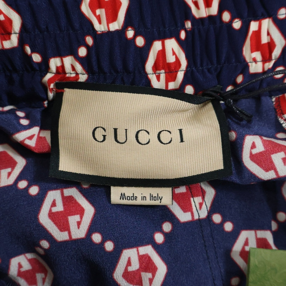 GUCCI(グッチ) GGヘキサゴン 総柄 シルク ハーフパンツ ショートパンツ ショーツ ネイビー/レッド 654859 ZAF9W