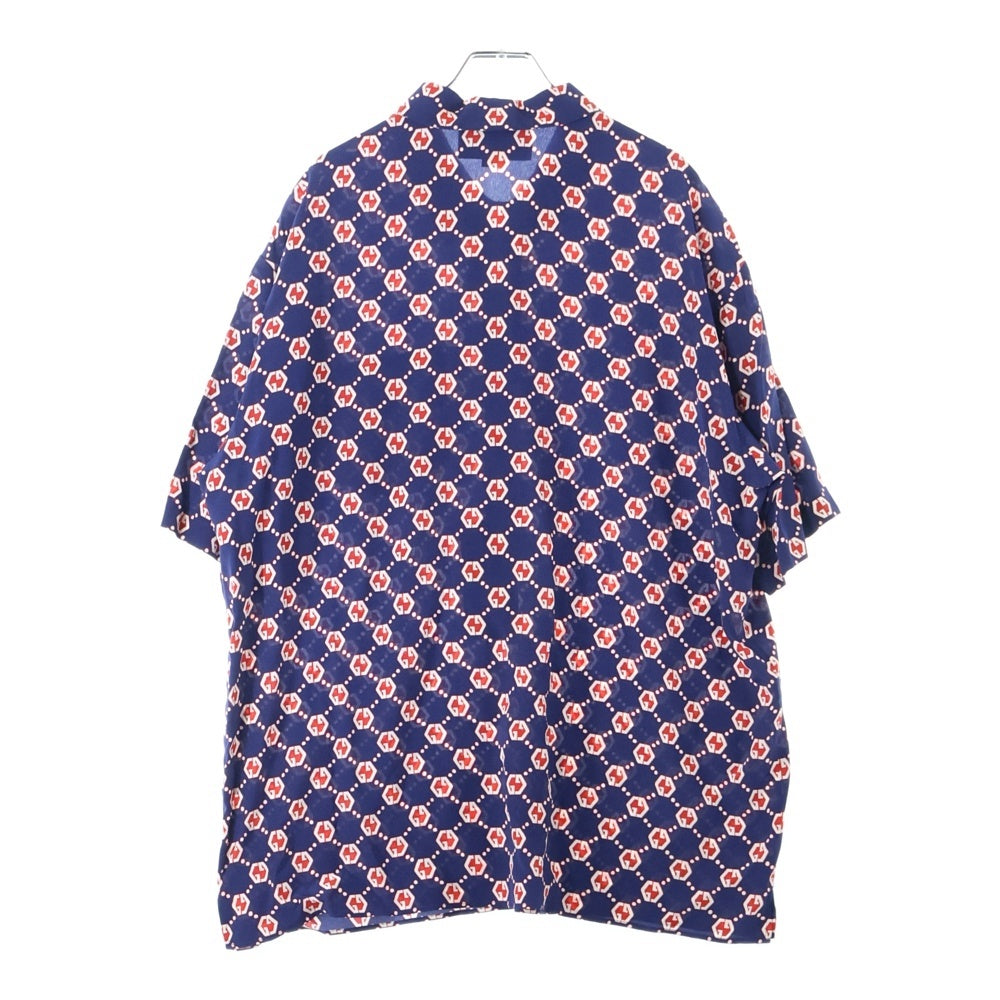GUCCI(グッチ) 21SS GG総柄 ヘキサゴン シルククレープ ボウリング 半袖シャツ ネイビー/レッド 654887 ZAF9W