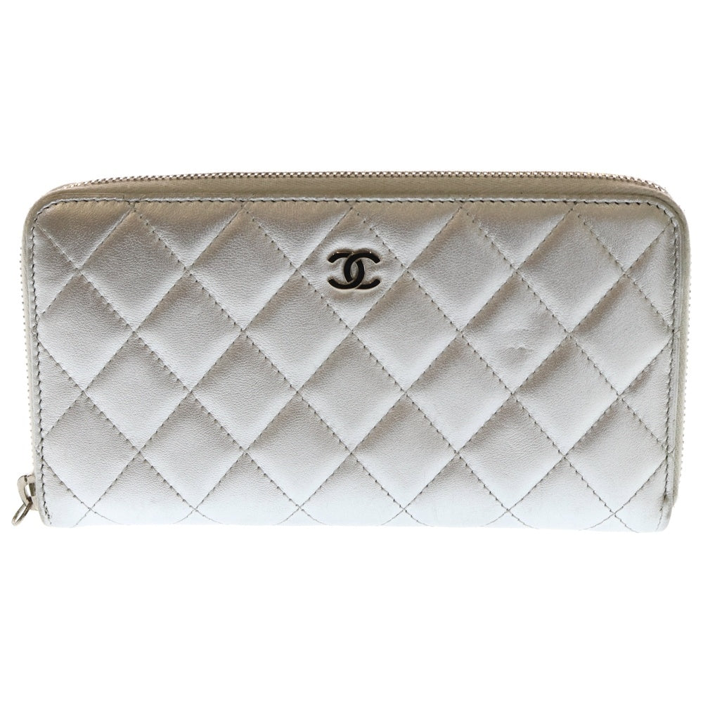 CHANEL(シャネル) ココマーク マトラッセ レザー ラウンドジップ ロングウォレットシルバー 15番台