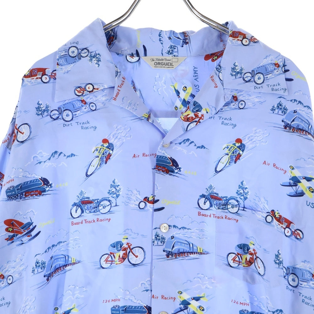 ORGUEIL(オルゲイユ) オープンカラー 総柄 レーヨン 長袖シャツ ライトブルー OR-5056