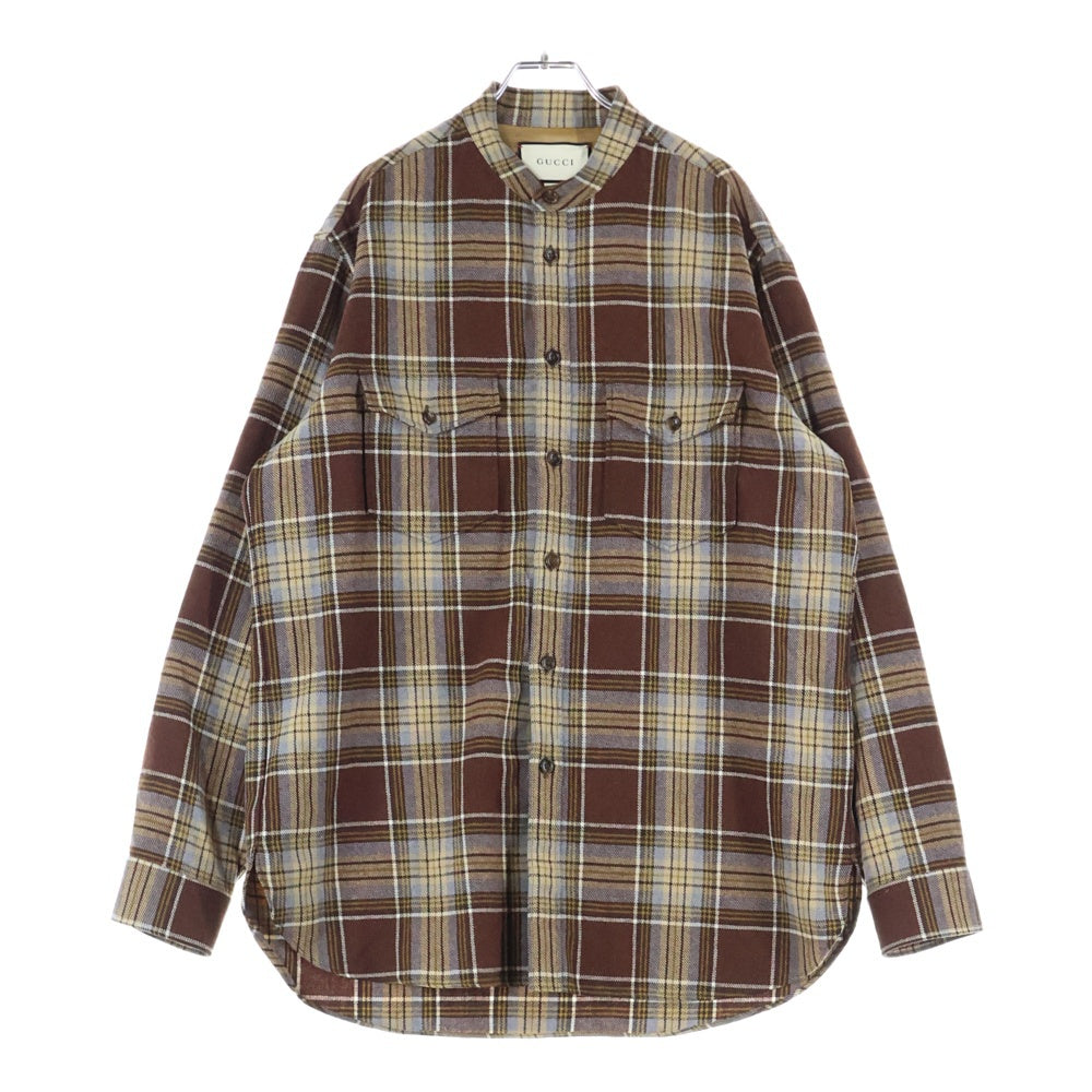 GUCCI(グッチ) Wool Checked L/S Shirt ウール チェック スタンドカラー 長袖シャツ ブラウン 538834 ZAACR
