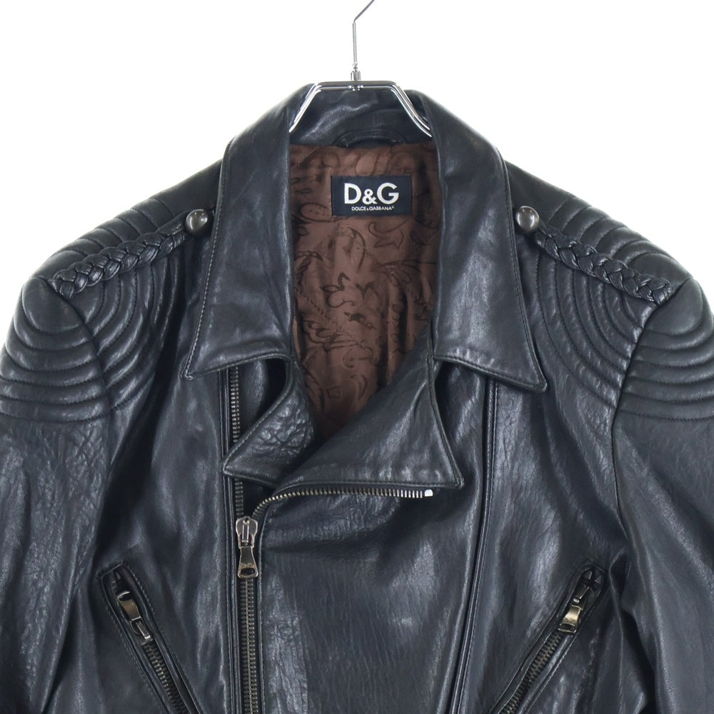 D&G(ディーアンドジー) レザーパッチ ウエストベルト ダブルライダースジャケット ブラック