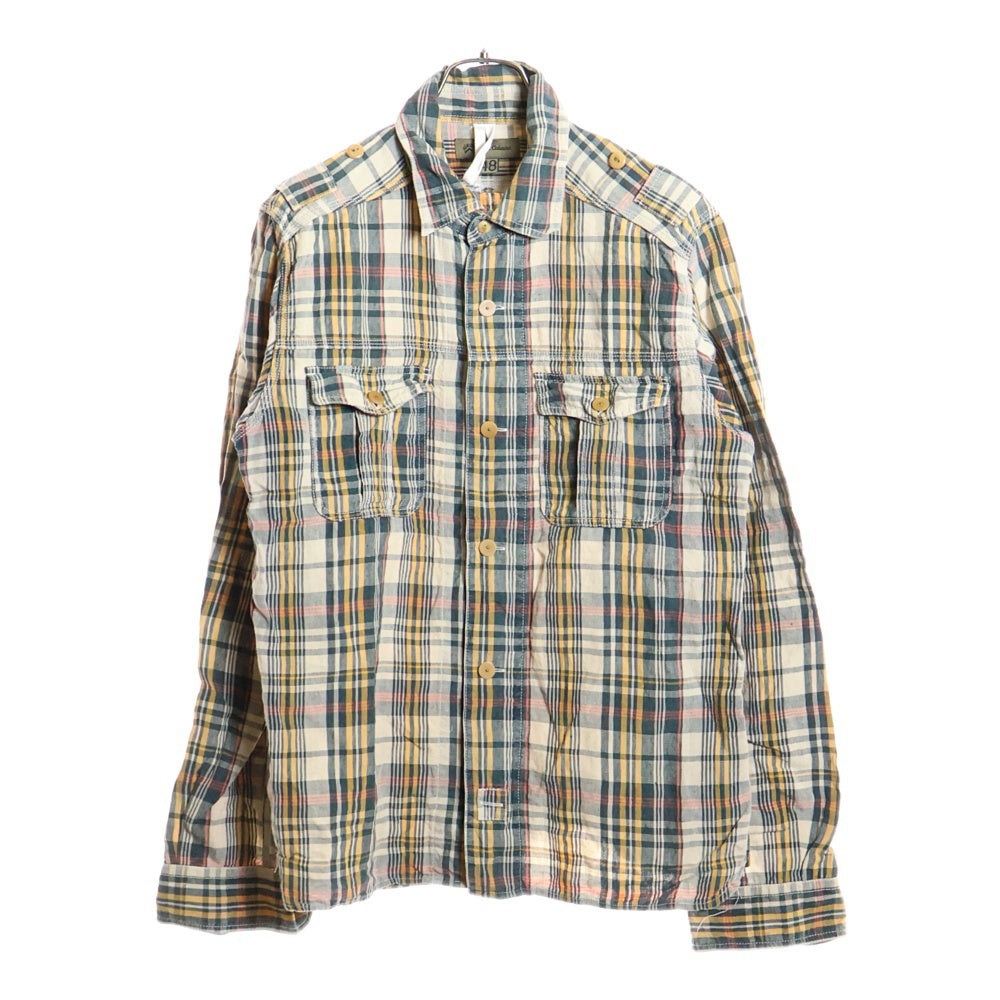 NIGEL CABOURN(ナイジェルケーボン) チェック柄 リネン ジップアップ ミリタリー長袖シャツ グリーン/イエロー 8080010027