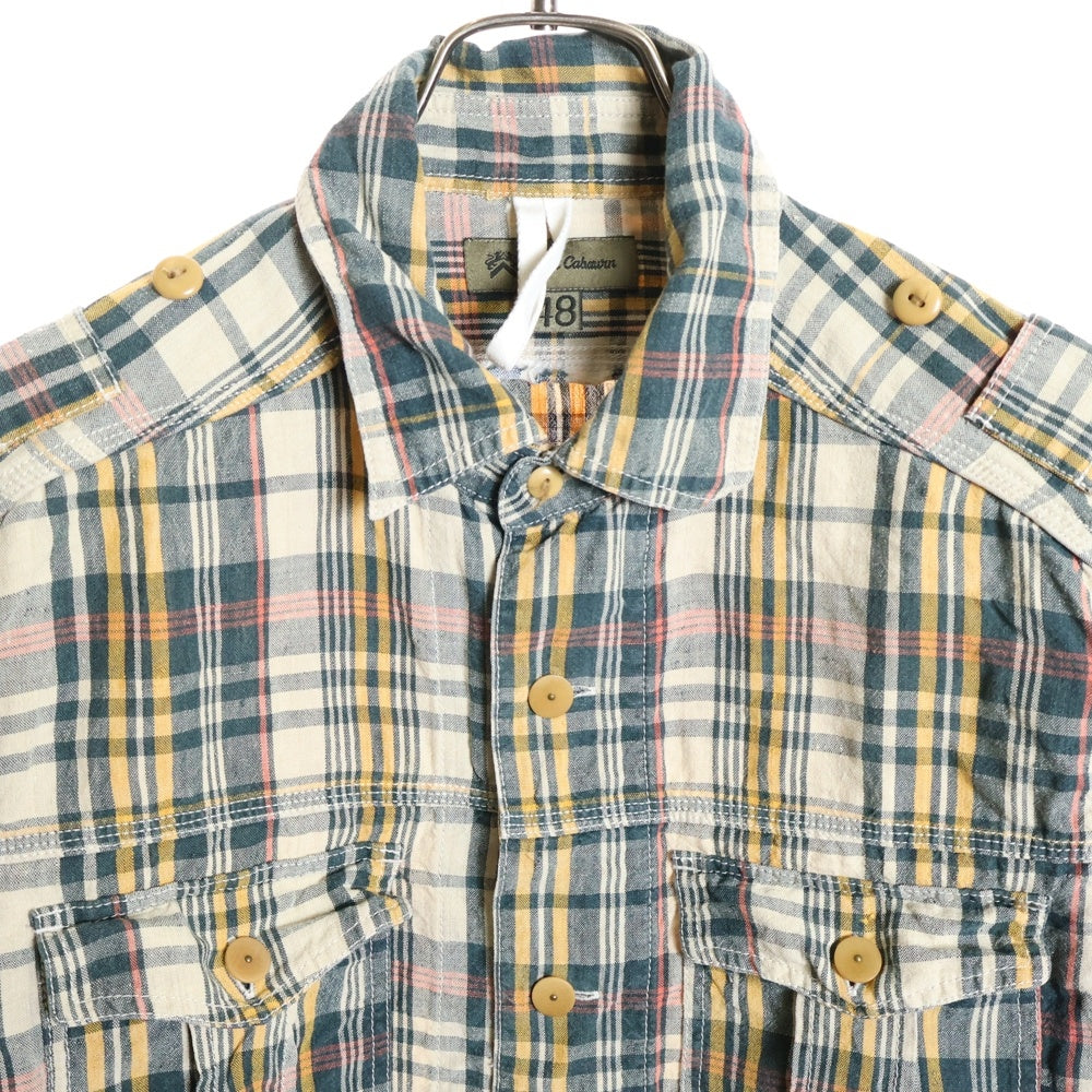 NIGEL CABOURN(ナイジェルケーボン) チェック柄 リネン ジップアップ ミリタリー長袖シャツ グリーン/イエロー 8080010027