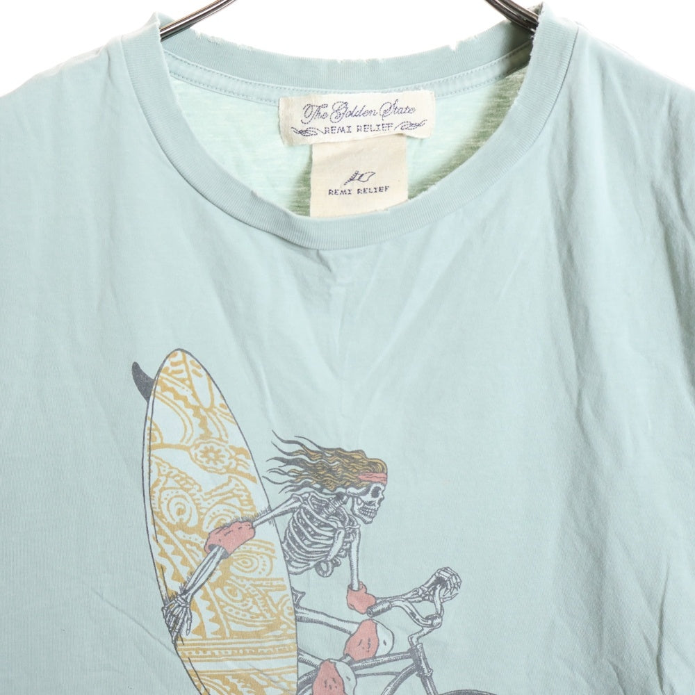 REMI RELIEF(レミレリーフ) ダメージ加工 フロントスカルプリント クルーネック半袖Tシャツ カットソー ライトブルー