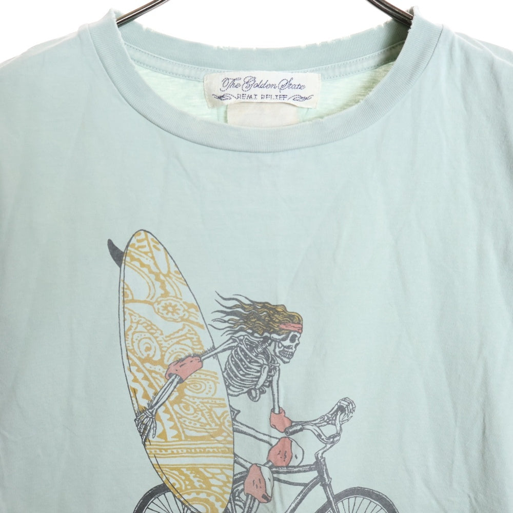 REMI RELIEF(レミレリーフ) ダメージ加工 フロントスカルプリント クルーネック半袖Tシャツ カットソー ライトブルー