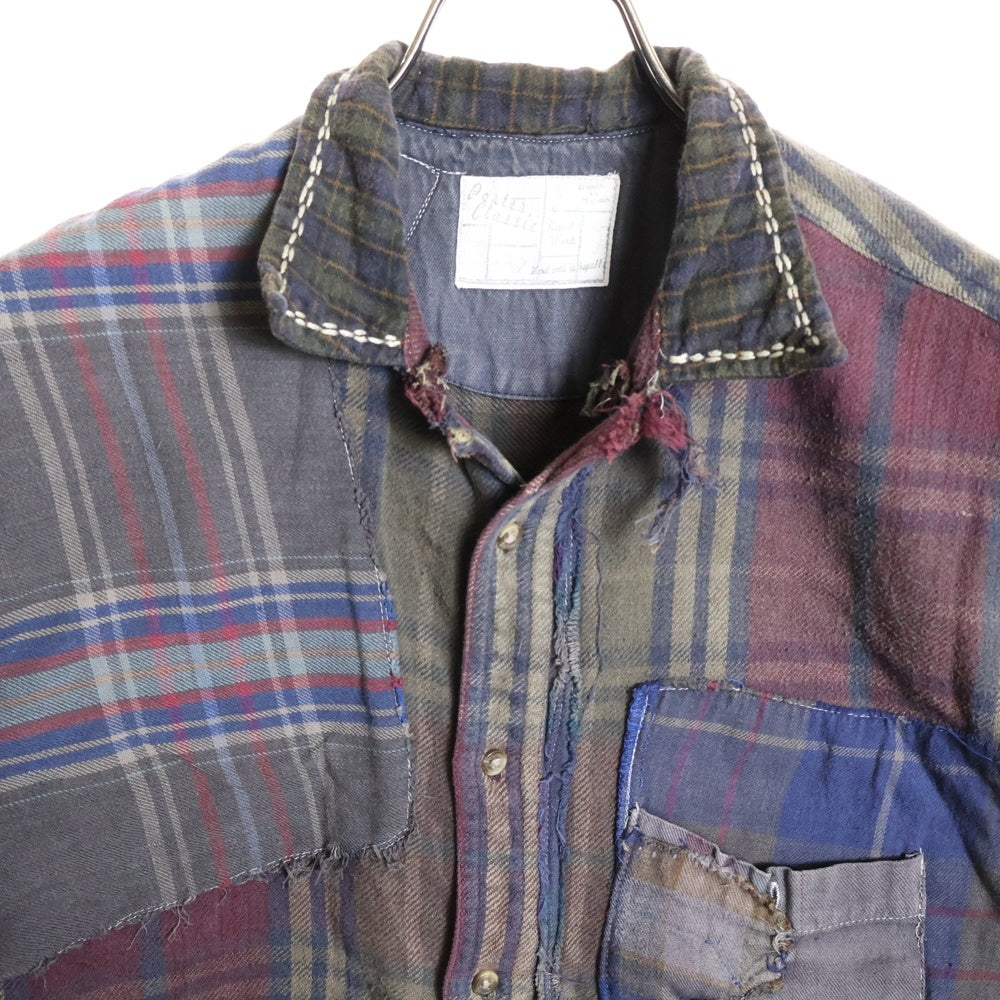 Porter Classic(ポータークラシック) リメイク パッチワーク フロントポケット ボタンダウン 半袖チェックシャツ マルチ