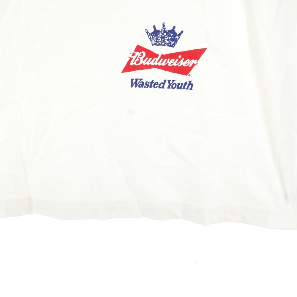 WASTED YOUTH(ウェイステッドユース) 22SS ×Budweiser バドワイザー クラウンロゴプリント クルーネック半袖Tシャツ カットソー ホワイト