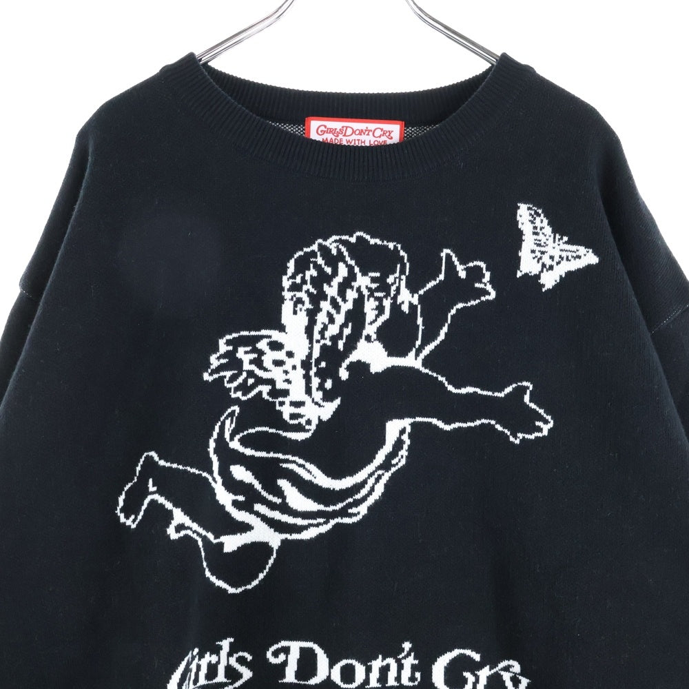 Girls Don't Cry(ガールズドントクライ) ANGEL KNIT エンジェルプリント クルーネック ニットセーター ブラック