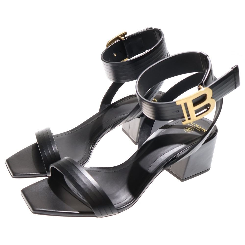 BALMAIN(バルマン) Bロゴ アンクルストラップ レザー ヒール サンダル ミュール ブラック レディース