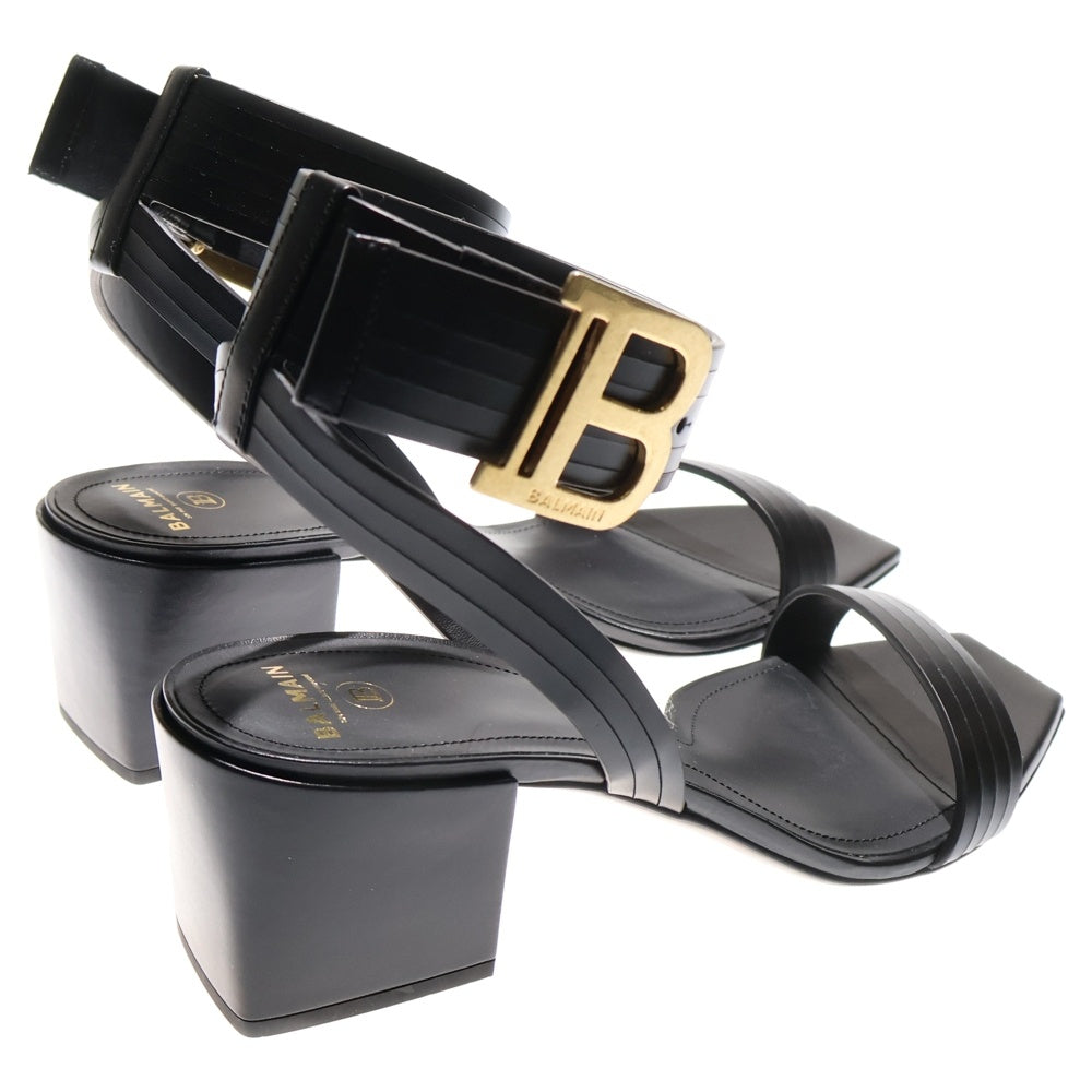 BALMAIN(バルマン) Bロゴ アンクルストラップ レザー ヒール サンダル ミュール ブラック レディース