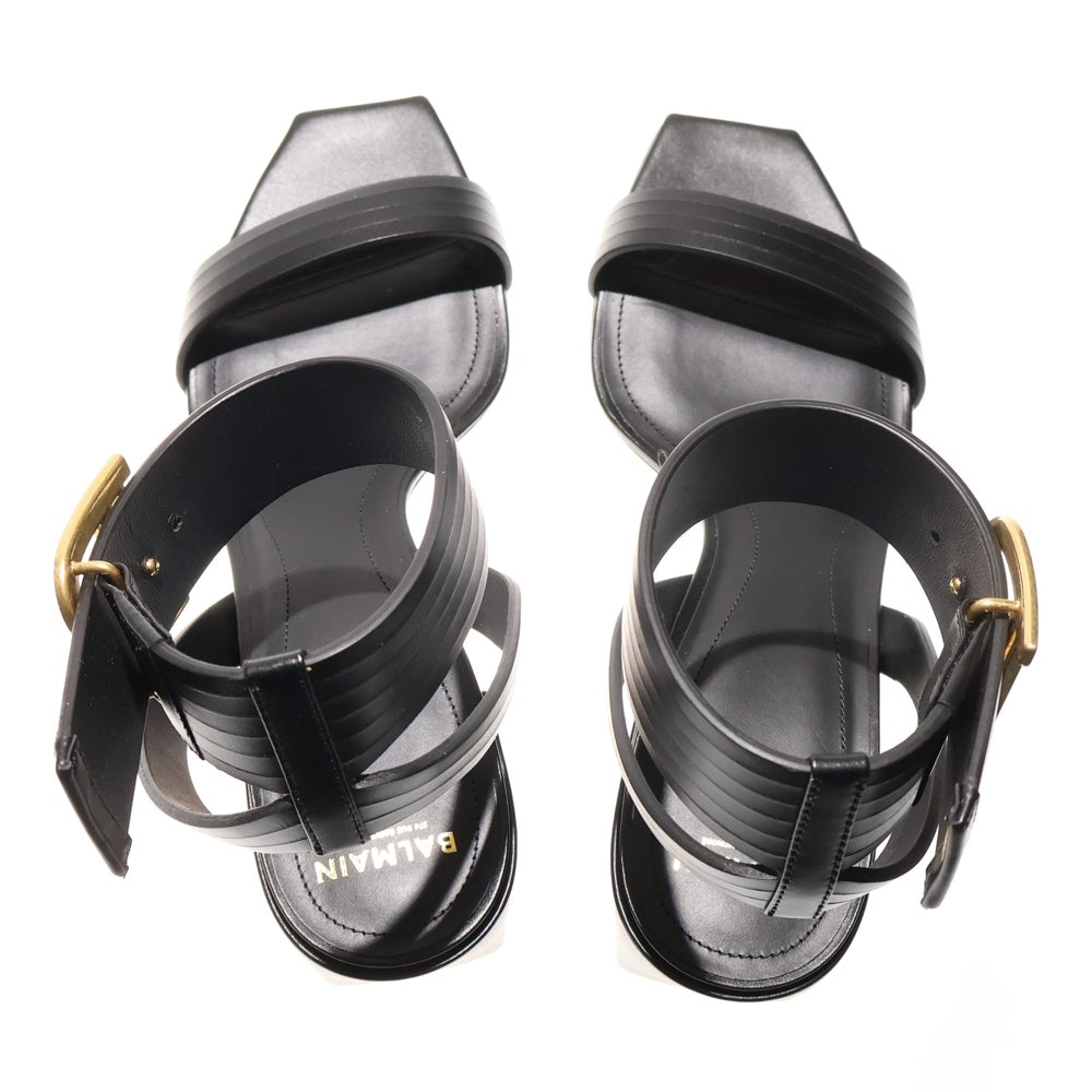 BALMAIN(バルマン) Bロゴ アンクルストラップ レザー ヒール サンダル ミュール ブラック レディース