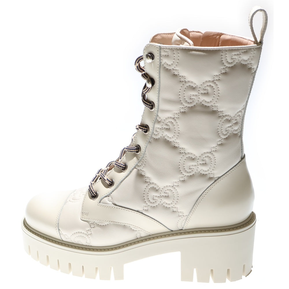 GUCCI(グッチ) Quilted Lace Up Boots GG サイドジップ レースアップ レザーブーツ ホワイト レディース 718386