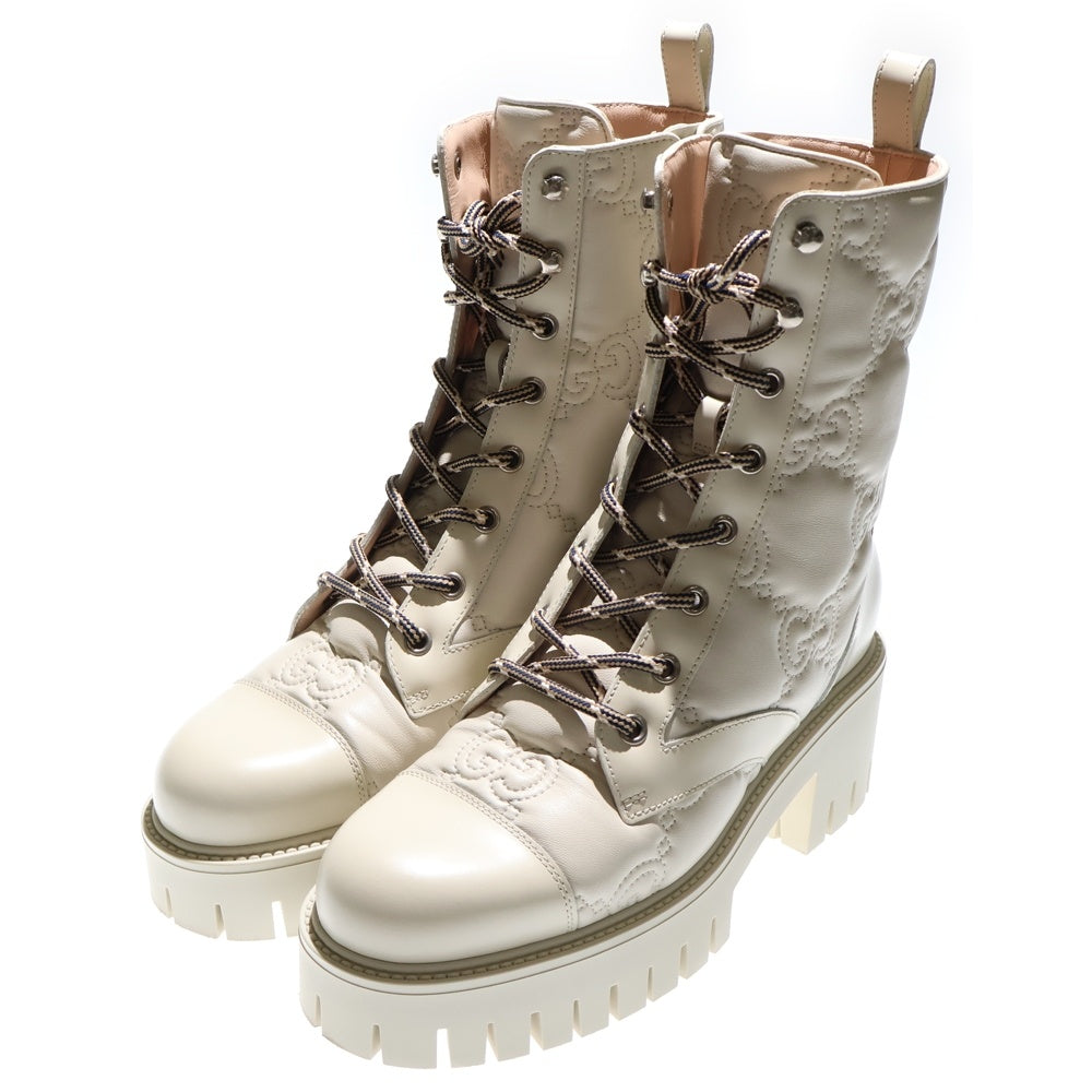 GUCCI(グッチ) Quilted Lace Up Boots GG サイドジップ レースアップ レザーブーツ ホワイト レディース 718386