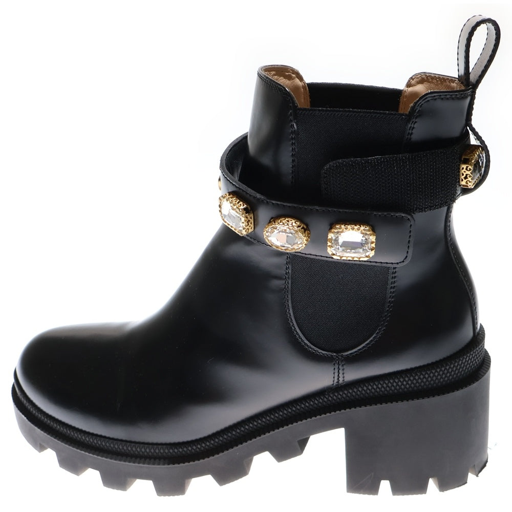 GUCCI(グッチ) GGマーモント ベルクロストラップ ビジュー付き サイドゴア レザー ブーツ ブラック 550036