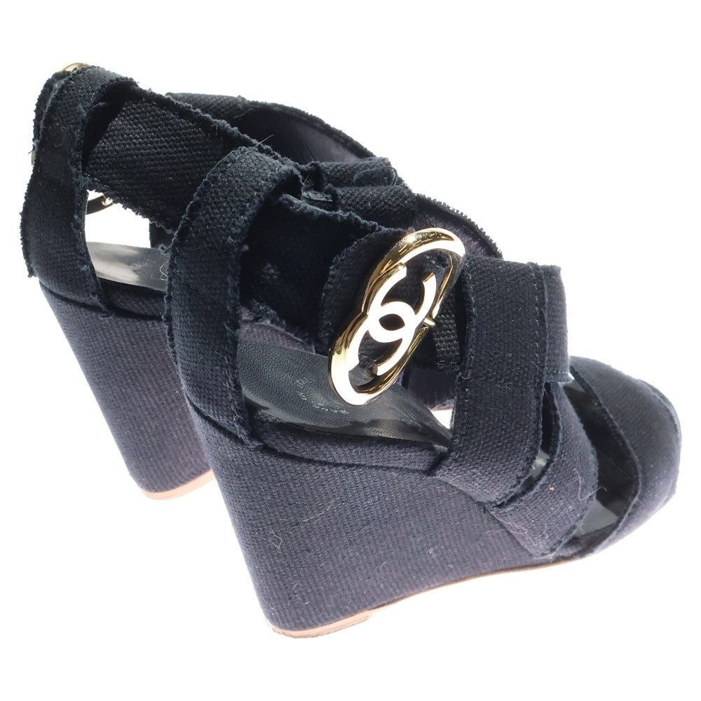 CHANEL(シャネル) ハートココマーク ウェッジソール キャンバス ヒール サンダル ブラック レディース G26309