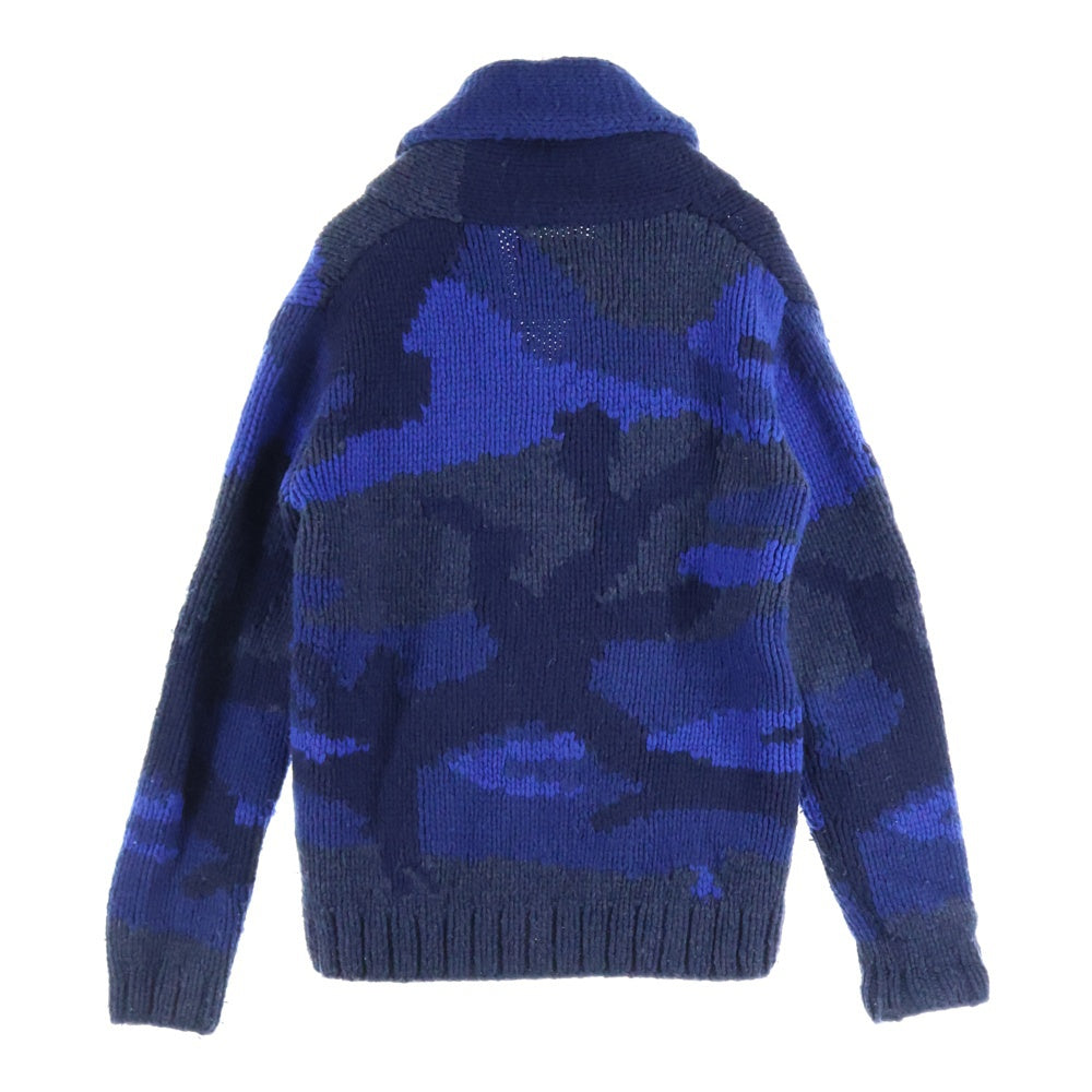 1 PIU 1 UGUALE 3(ウノピゥウノウグァーレトレ) SHAWL CARDIGAN BIG CAMO ビッグカモ カウチンニット ショールカーディガン ブルー MRK004