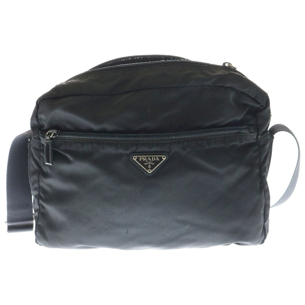 PRADA(プラダ) 三角ロゴプレート ラウンドジップ ナイロン ショルダーバッグ ブラック レディース