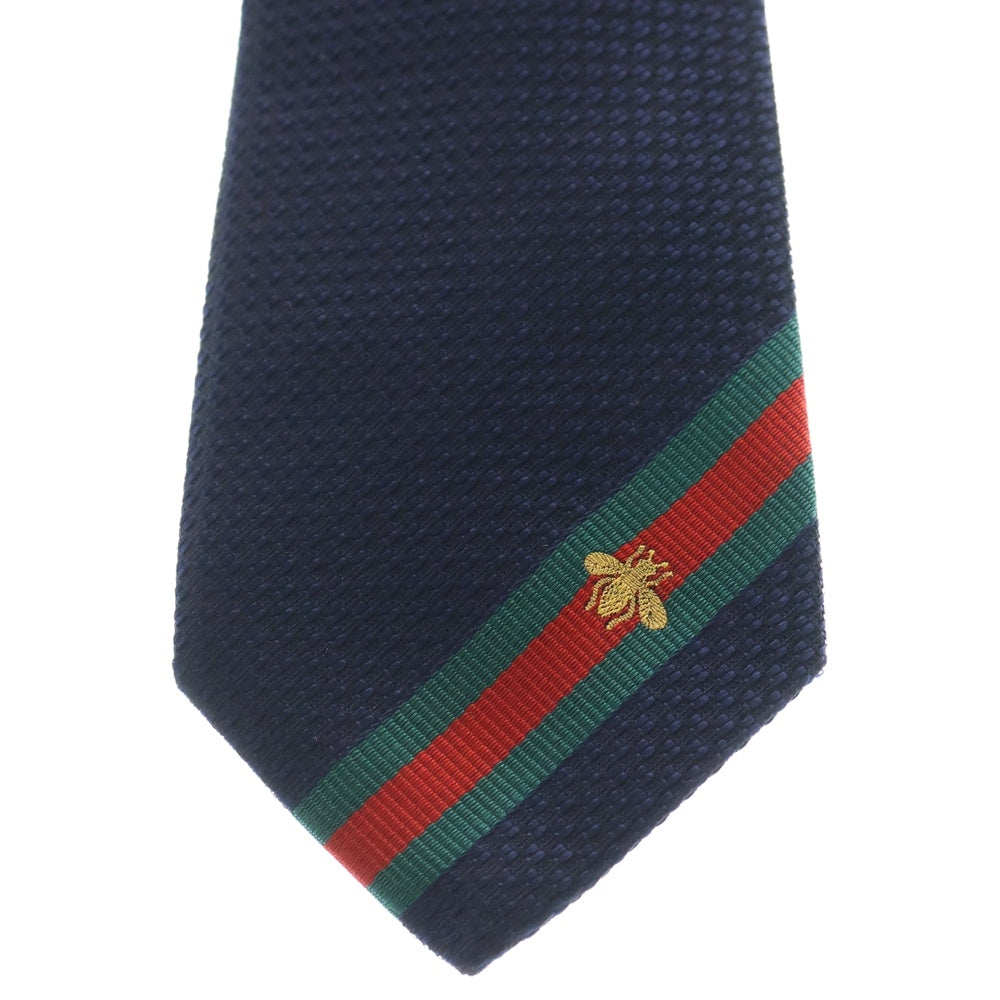 GUCCI(グッチ) BEE ビー刺繍 ウェブ ストライプ シルク ネクタイ ネイビー 456510 4E002