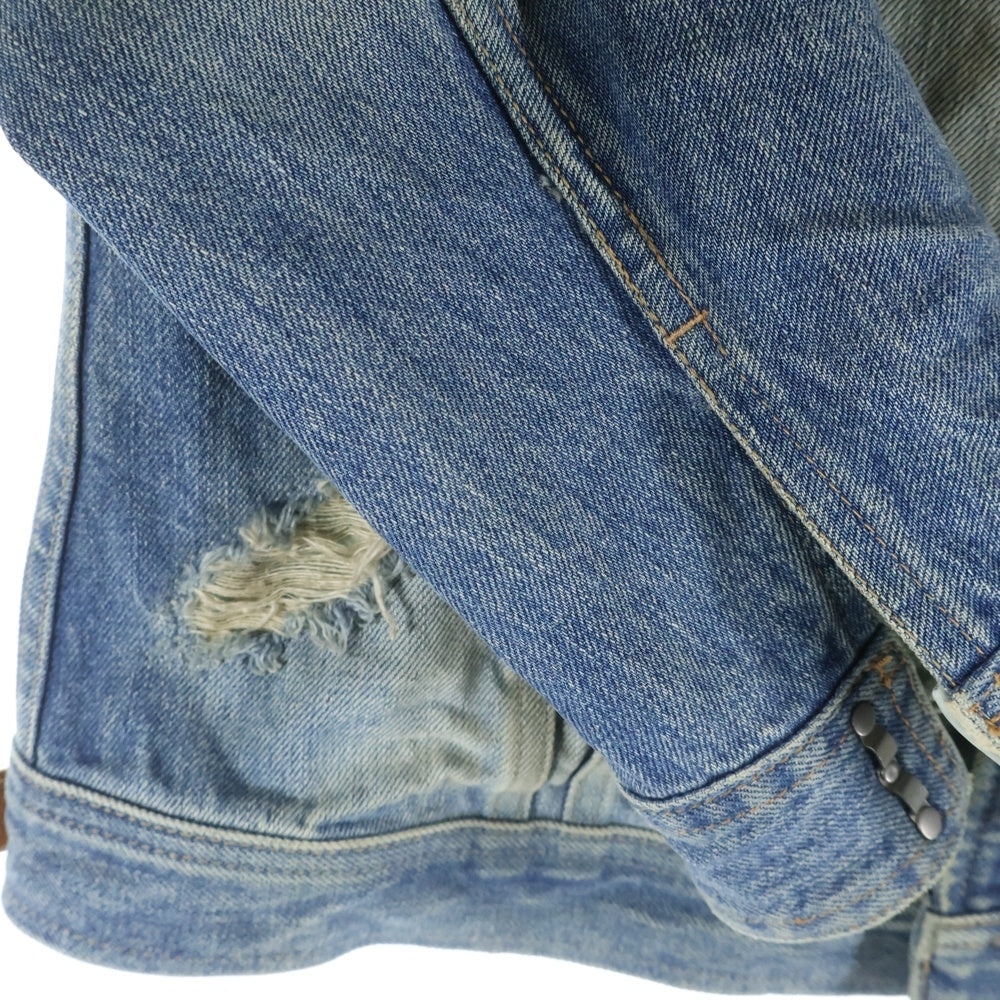 ISAMU KATAYAMA BACKLASH(イサムカタヤマバックラッシュ) ヴィンテージ加工 カーフレザーインディゴ染め フックボタン デニムジャケット インディゴ 1133-03