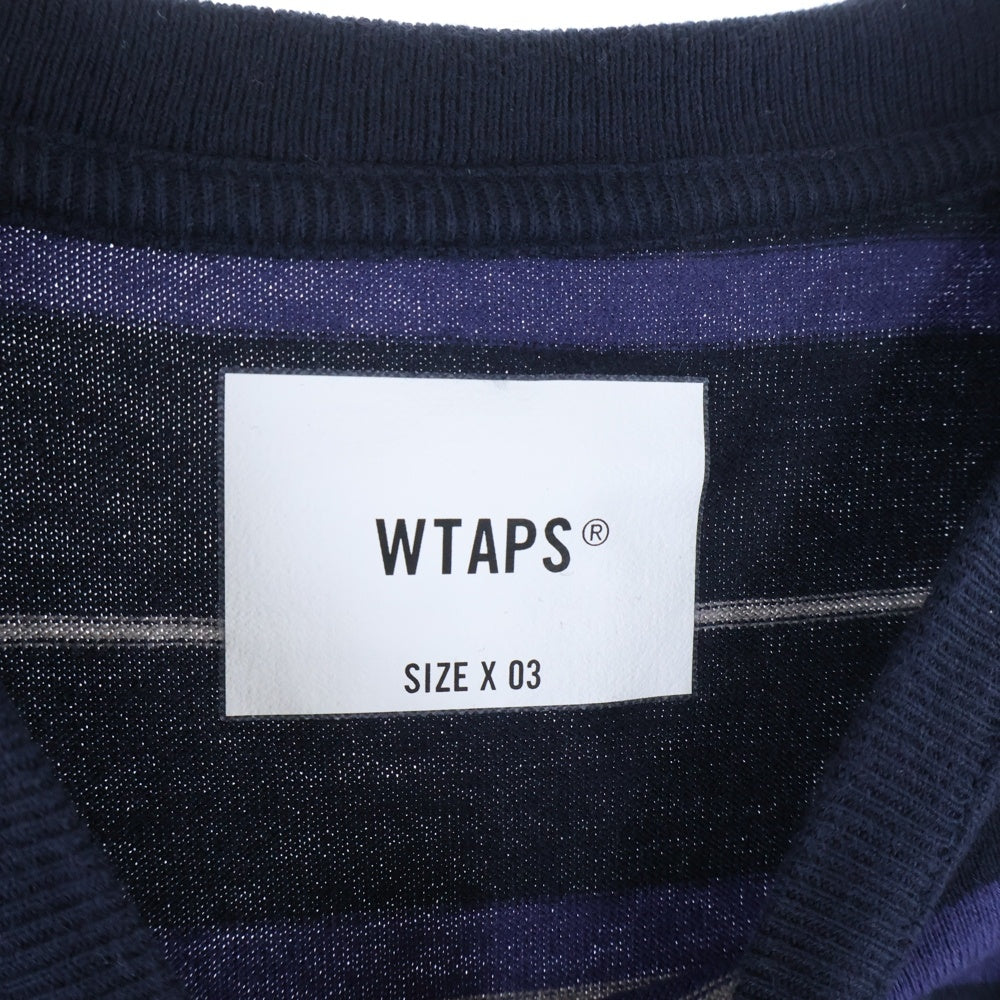 WTAPS(ダブルタップス) 23SS BDY 02 SS COTTON TEXTILE SIGN ロゴ刺繍 ボーダー クルーネック 半袖Tシャツ カットソー ネイビー/パープル 231ATDT-CSM30