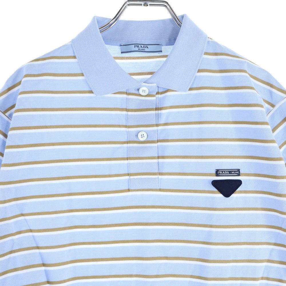 PRADA(プラダ) Cropped Striped Pique Polo Shirt トライアングルパッチ コットン クロップド ストライプ ピケ 半袖ポロシャツ ブルー レディース 39609 S000