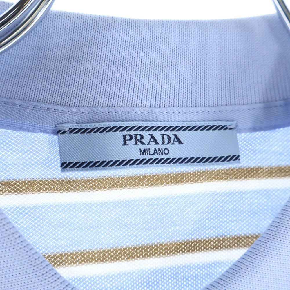 PRADA(プラダ) Cropped Striped Pique Polo Shirt トライアングルパッチ コットン クロップド ストライプ ピケ 半袖ポロシャツ ブルー レディース 39609 S000