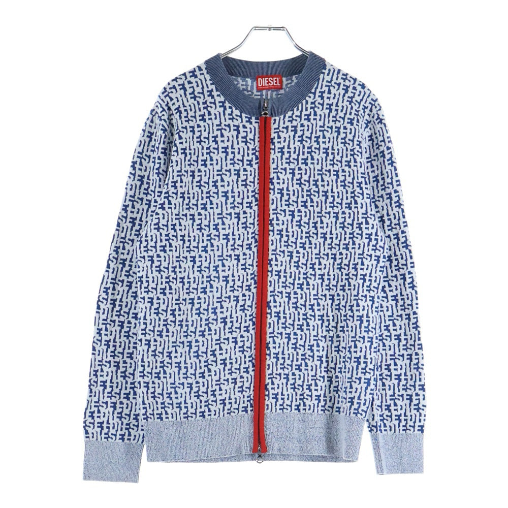DIESEL(ディーゼル) 23SS K-OBE-ZIP KNITWEAR リピート ロゴ ジャガード ラウンドネック レーヨンコットン ニット ダブルジップ カーディガン ブルー A10197