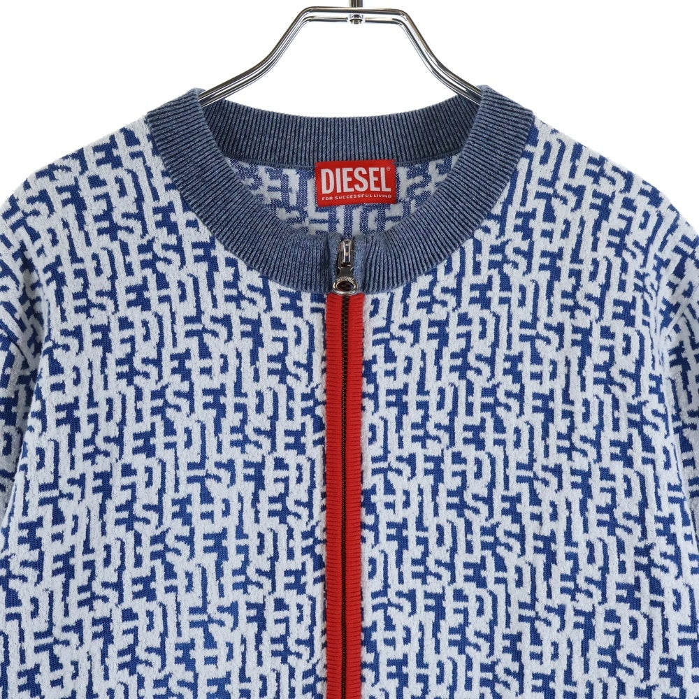 DIESEL(ディーゼル) 23SS K-OBE-ZIP KNITWEAR リピート ロゴ ジャガード ラウンドネック レーヨンコットン ニット ダブルジップ カーディガン ブルー A10197