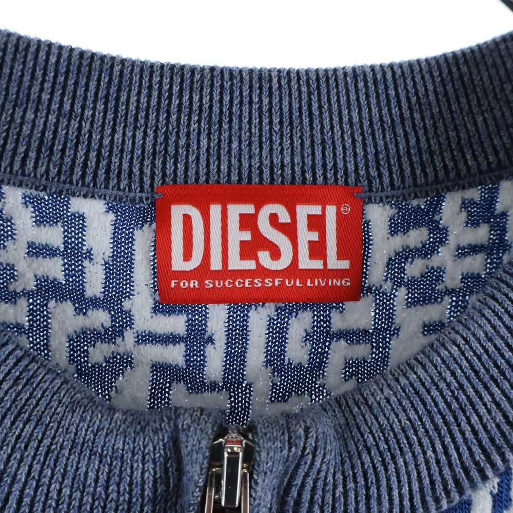 DIESEL(ディーゼル) 23SS K-OBE-ZIP KNITWEAR リピート ロゴ ジャガード ラウンドネック レーヨンコットン ニット ダブルジップ カーディガン ブルー A10197