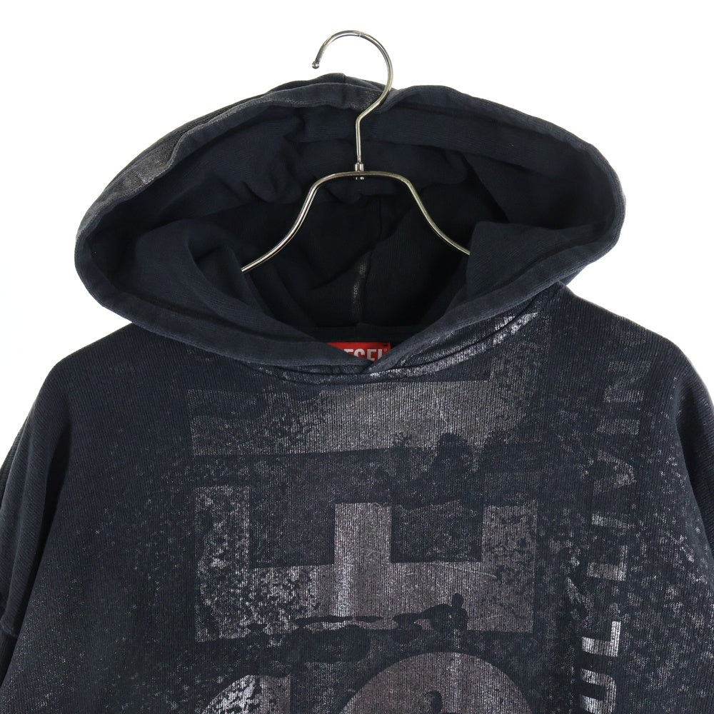 DIESEL(ディーゼル) 24AW S-BOXT-HOOD-Q6 ボクシーラメロゴプリント スウェット プルオーバーパーカー チャコールグレー A14939
