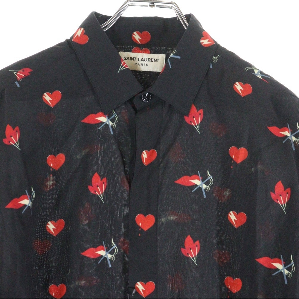 SAINT LAURENT PARIS(サンローランパリ) 17AW ノースモーキングハート総柄レーヨン長袖シャツ ブラック 481867 Y348R