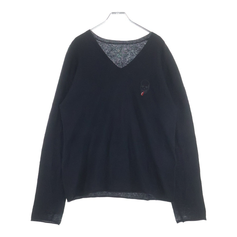 lucien pellat-finet(ルシアンペラフィネ) スカル ラインストーン ロゴ Vネック カシミヤ ニット セーター ブラック