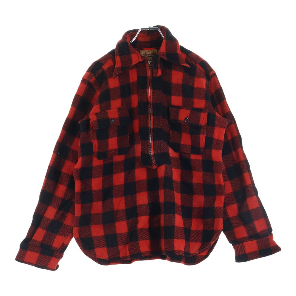 VINTAGE(ヴィンテージ) 50S WOODSMAN PLAID FLANNEL ZIP SHIRT ウッズマン マチ付き ハーフジップ チェック プルオーバー 長袖シャツ レッド