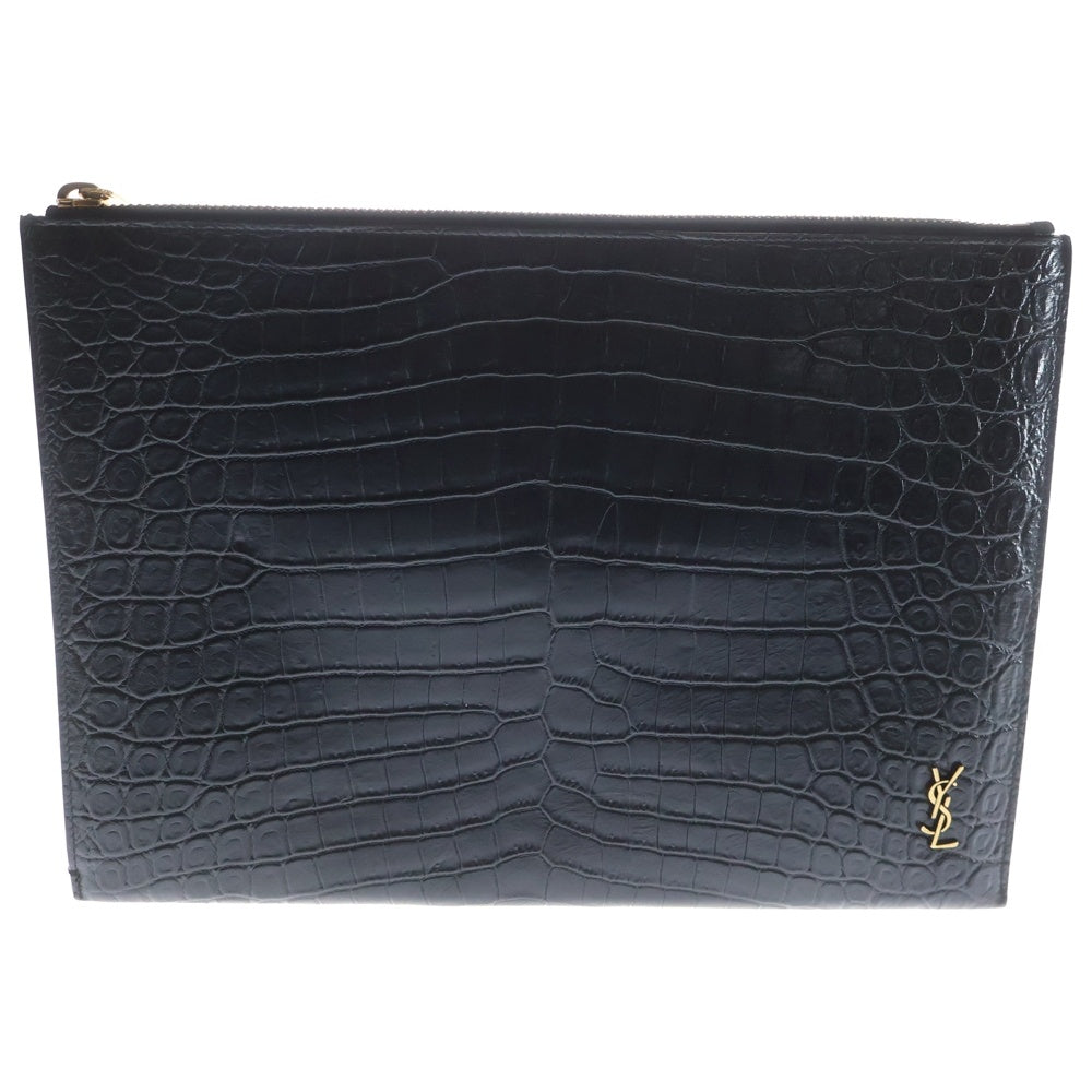 SAINT LAURENT PARIS(サンローランパリ) YSL クロコ型押し レザー セカンド クラッチバッグ ブラック 607779