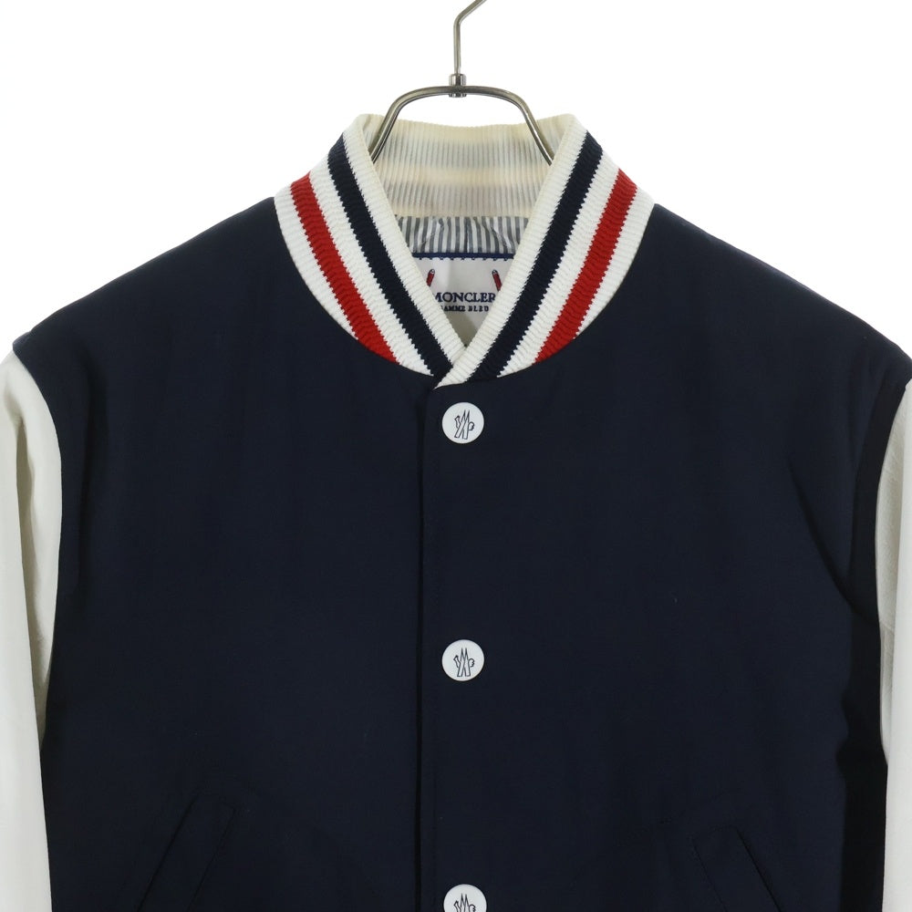 MONCLER GAMME BLEU(モンクレール・ガム・ブルー) 18SS レザーナイロン切替 ロゴボタンジャケット スタジャン ブルゾン ネイビー/ホワイト D13914036080