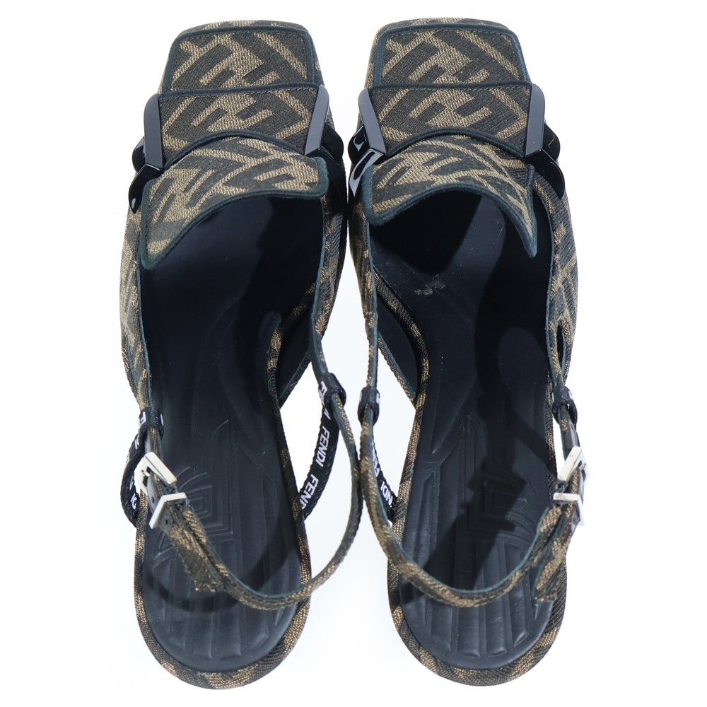 FENDI(フェンディ) スクエアトゥ ズッカ総柄 レザー ヒールパンプス ブラウン レディース