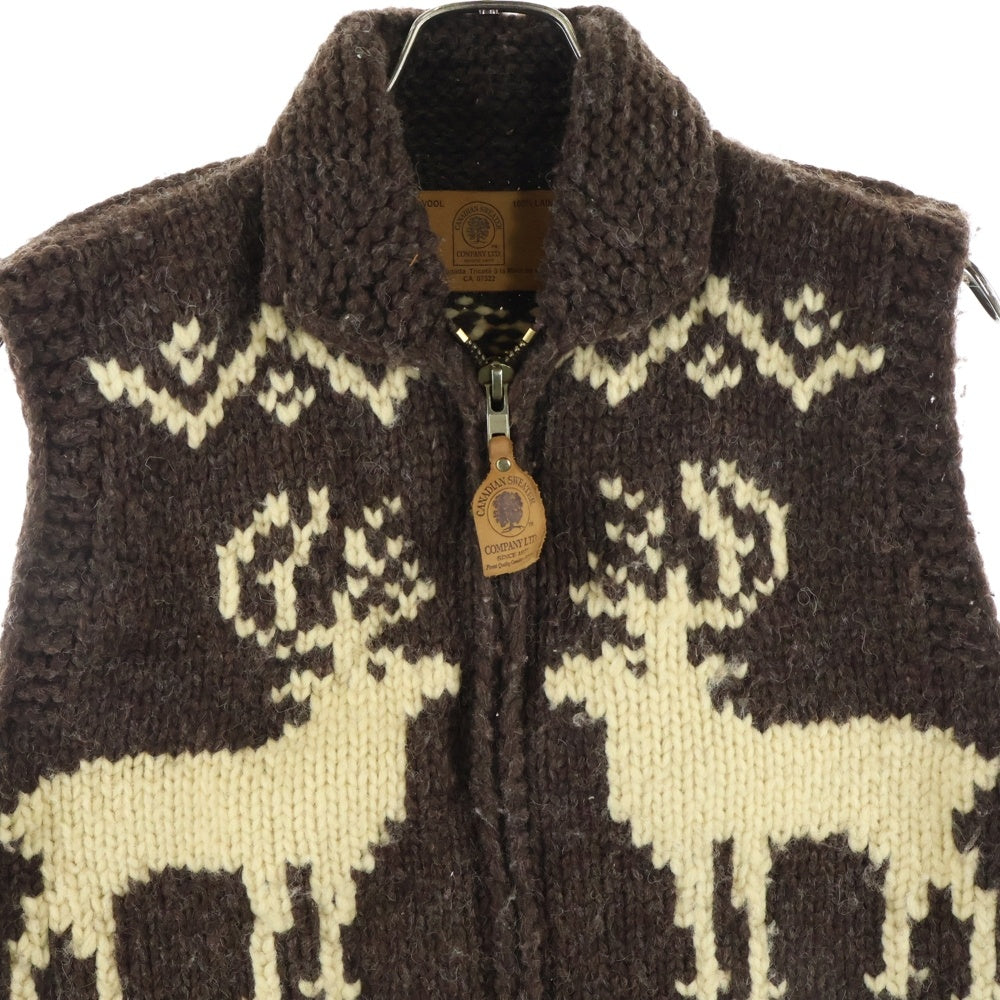 CANADIAN SWEATER(カナディアンセーター) 総柄 ウール カウチンベスト ジップアップ ベスト ブラウン