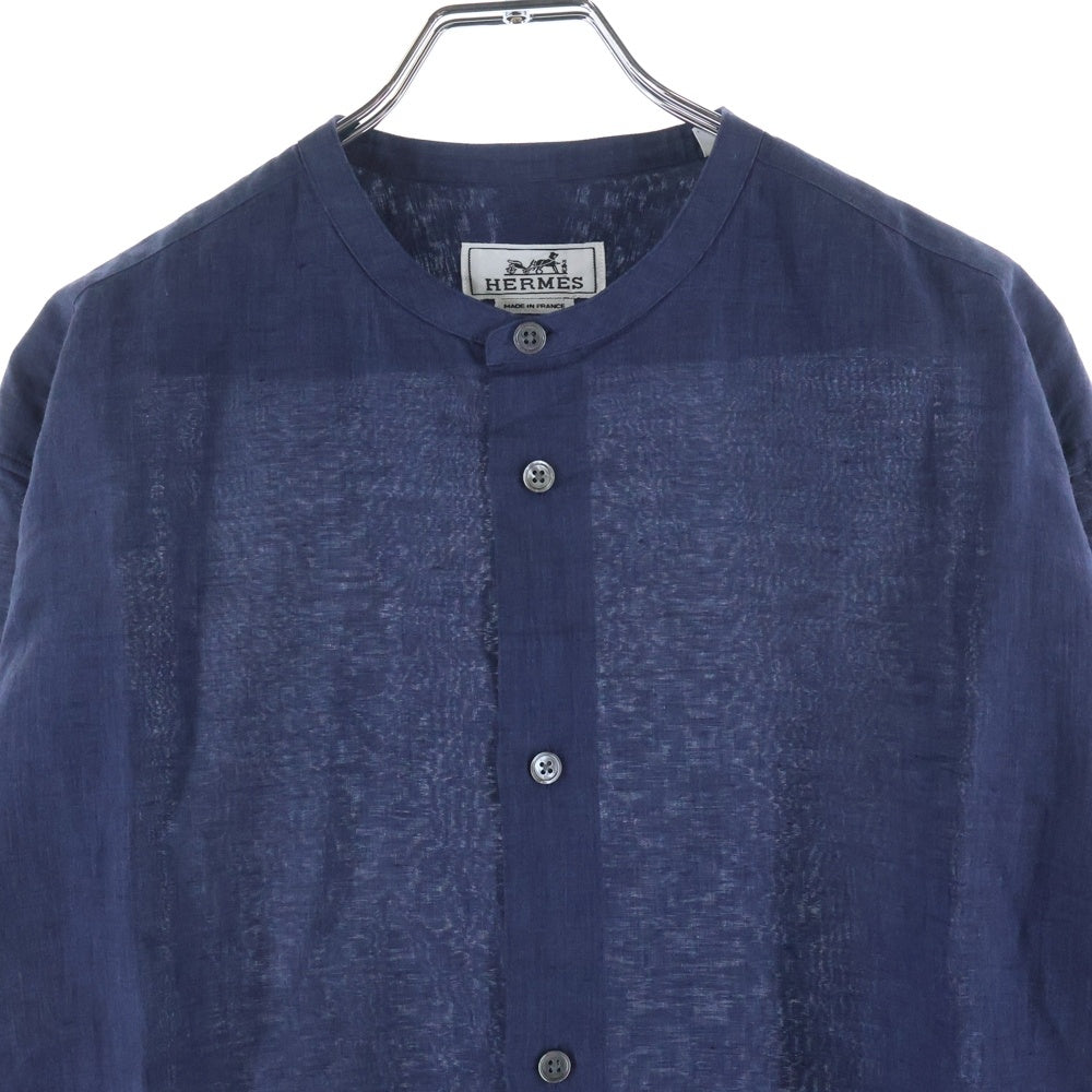 HERMES(エルメス) リネン バンドカラー 長袖シャツ ネイビー