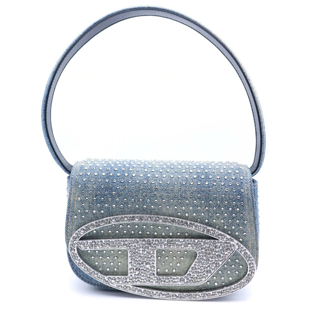 DIESEL(ディーゼル) 1DR ワンダー ラインストーン メタルロゴプレート デニム/レザー ショルダーバッグ インディゴ レディース