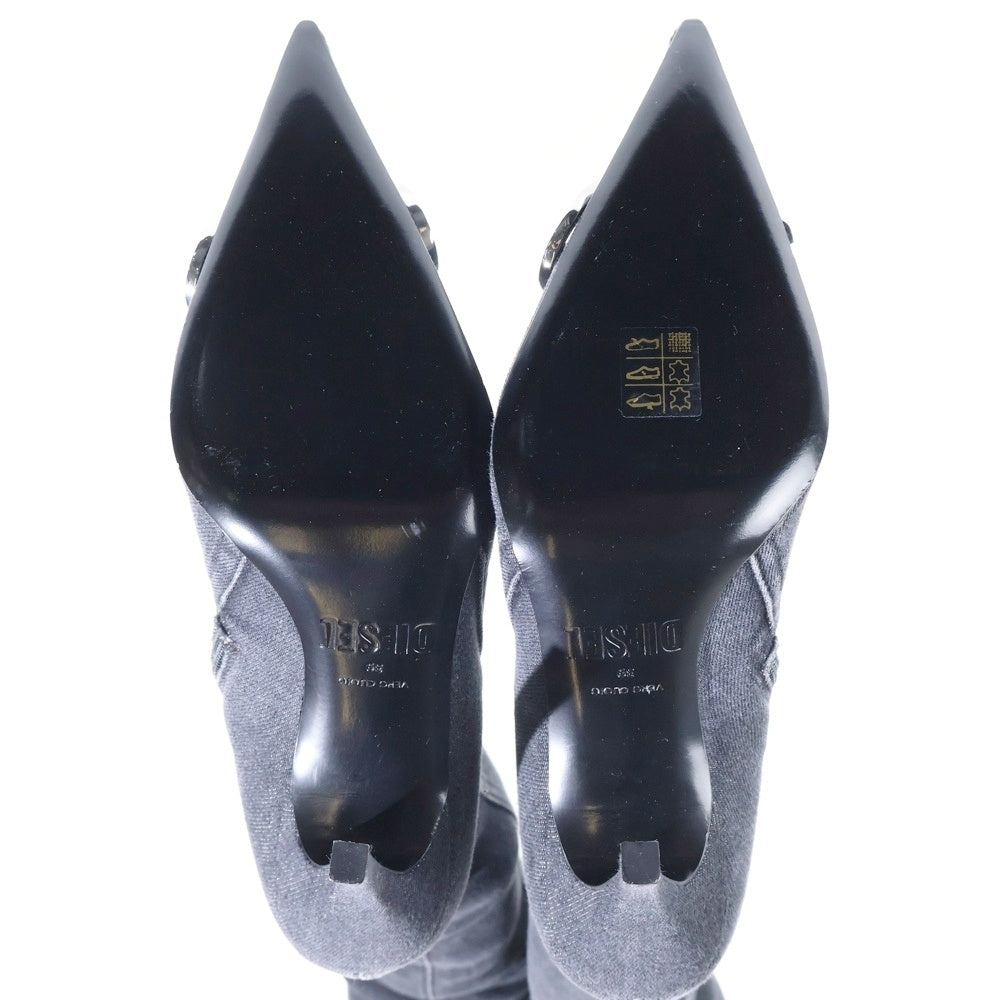 DIESEL(ディーゼル) D-VENUS ロゴプレート装飾 ポインテッドトゥ ロング デニム ヒールパンプス ブーツ ブラック レディース