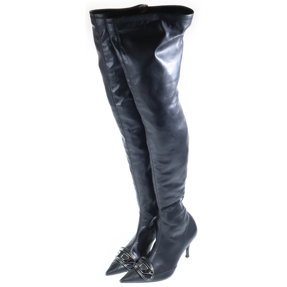 DIESEL(ディーゼル) D-VENUS ロゴプレート装飾 ポインテッドトゥ ロング フェイクレザー ヒールパンプス ブーツ ブラック レディース