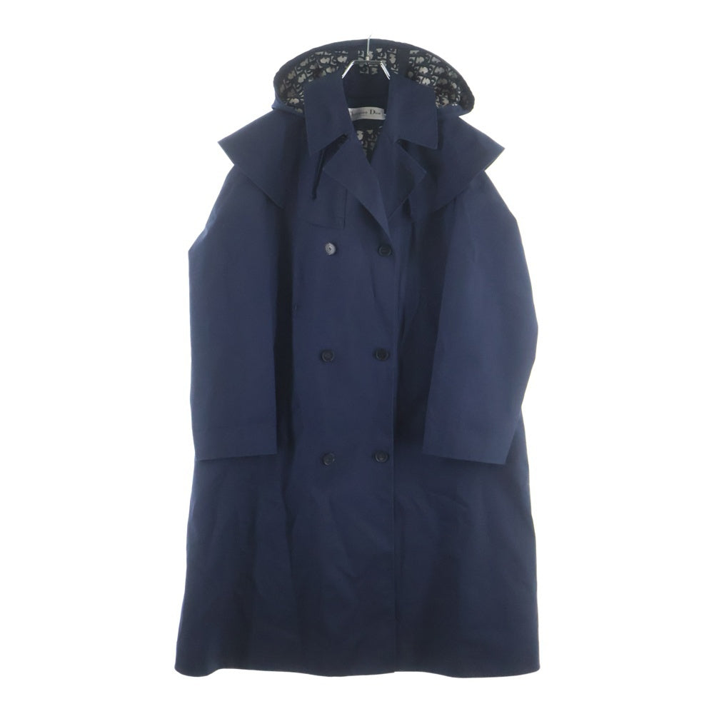 Christian Dior(クリスチャンディオール) コットン 裏地オブリーク 総柄 ゴム引き フーデッド ロング トレンチコート レディース ネイビー 227M65A3905