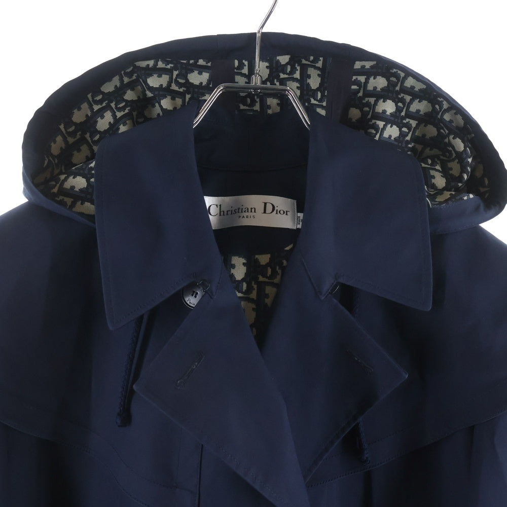 Christian Dior(クリスチャンディオール) コットン 裏地オブリーク 総柄 ゴム引き フーデッド ロング トレンチコート レディース ネイビー 227M65A3905