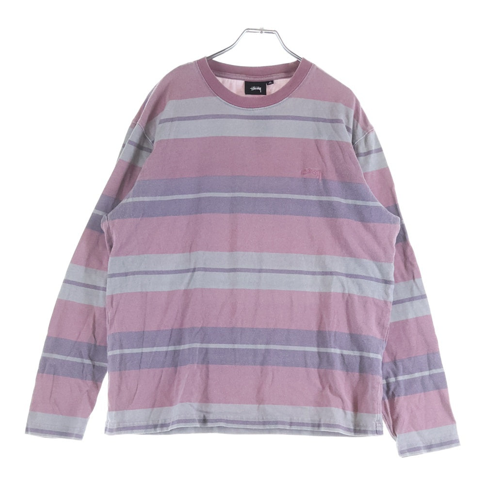 STUSSY(ステューシー) Faded Striped Crew ロゴ刺繍 フェイド ストライプ クルーネック 長袖Tシャツ カットソー ピンク/グレー 1140269
